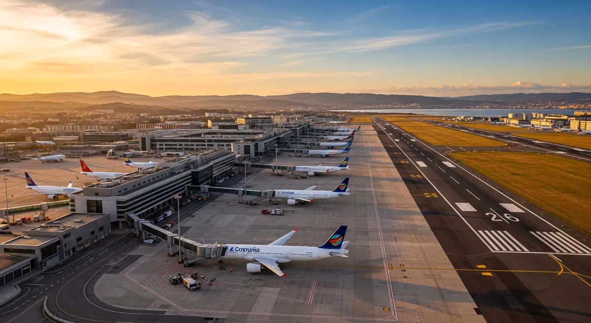 Exterior view of A Coruña (Alvedro) Airport terminal building with apron and control tower