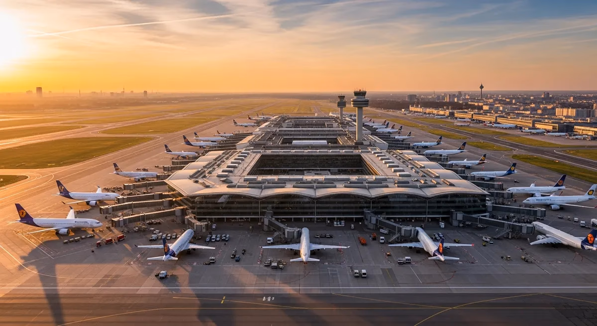 Aerial view of Berlin Brandenburg Willy Brandt Airport (BER) terminals and runways