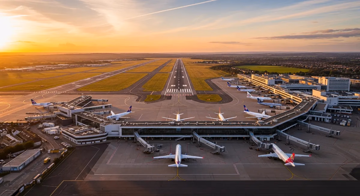Exterior view of Bournemouth Airport terminal building and apron