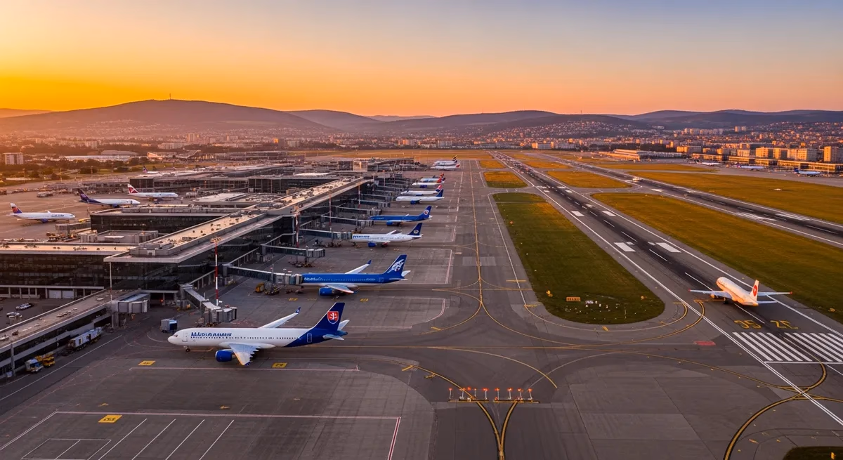 Main terminal building at M. R. Štefánik Airport (Bratislava) with apron and control tower