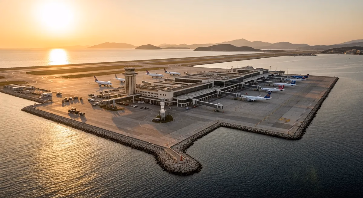 Aerial view of Ioannis Kapodistrias International Airport, Corfu, showing the single terminal and runway