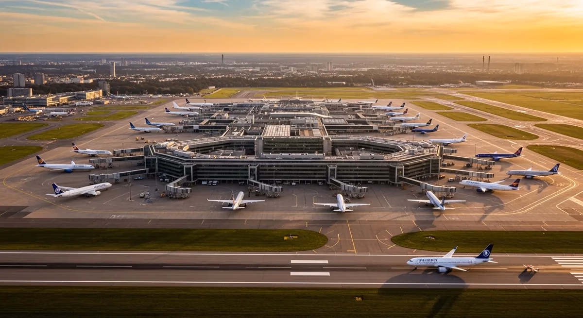 Aerial view of Düsseldorf Airport terminal building and runways