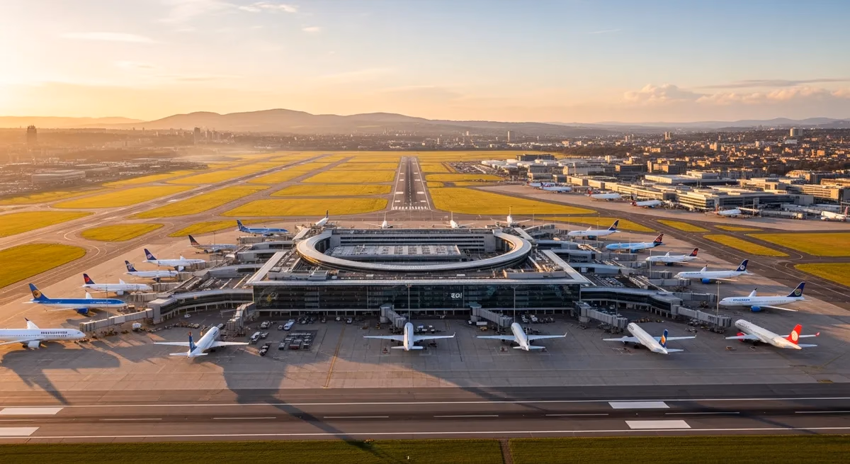 Aerial view of Edinburgh Airport terminal and runway at dusk