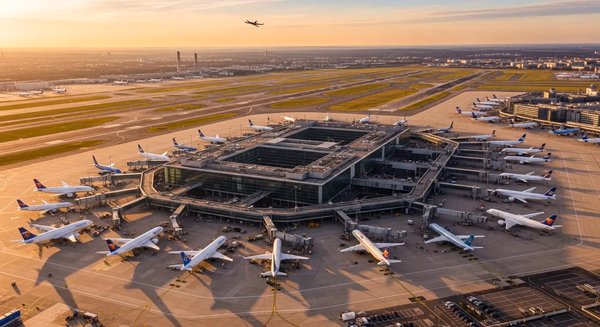 Aerial view of Frankfurt Airport terminals and runways
