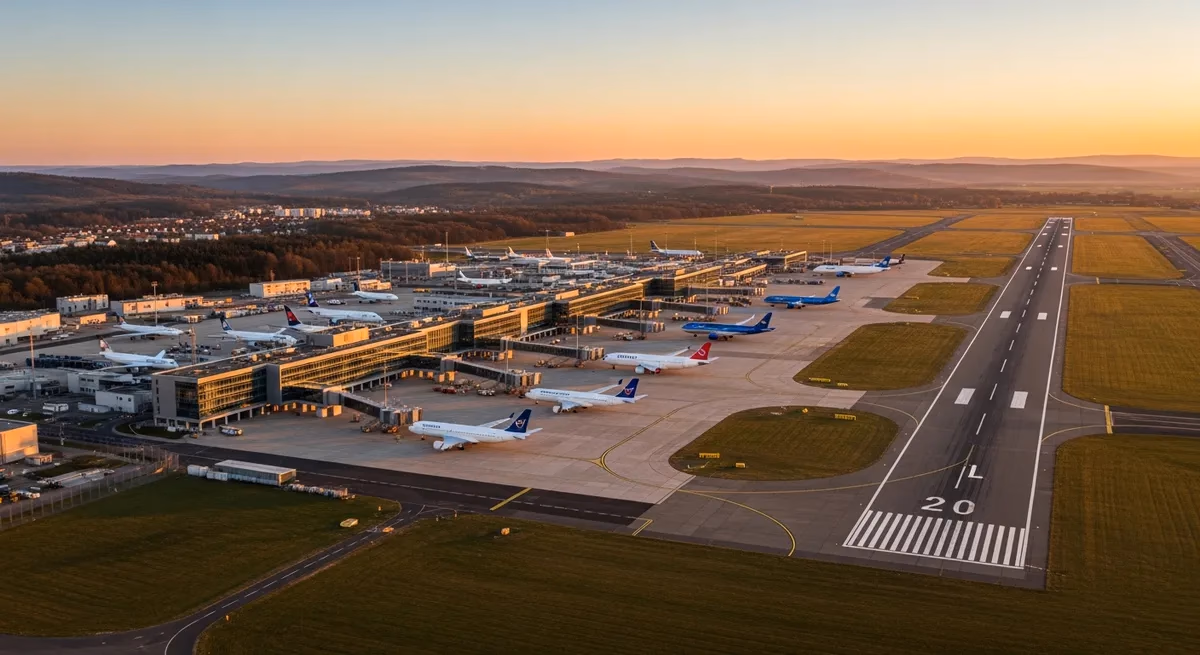 Terminal building and runway at Frankfurt–Hahn Airport (HHN)