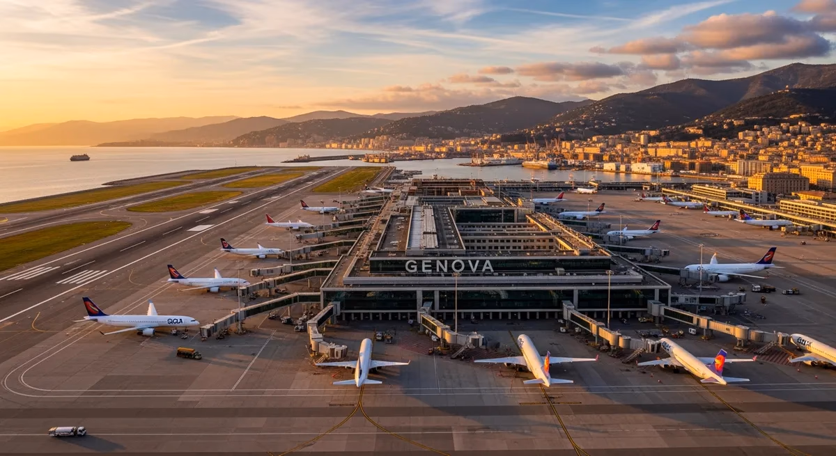 Exterior view of Genoa Cristoforo Colombo Airport terminal building and apron
