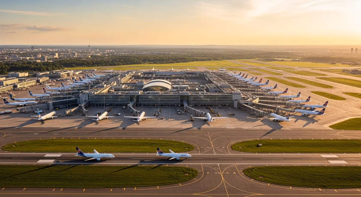 Aerial view of Hannover Airport terminal and runways
