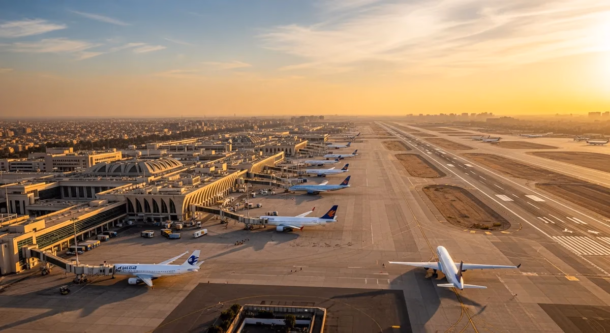 Exterior view of Hurghada International Airport terminal building with palm trees and apron