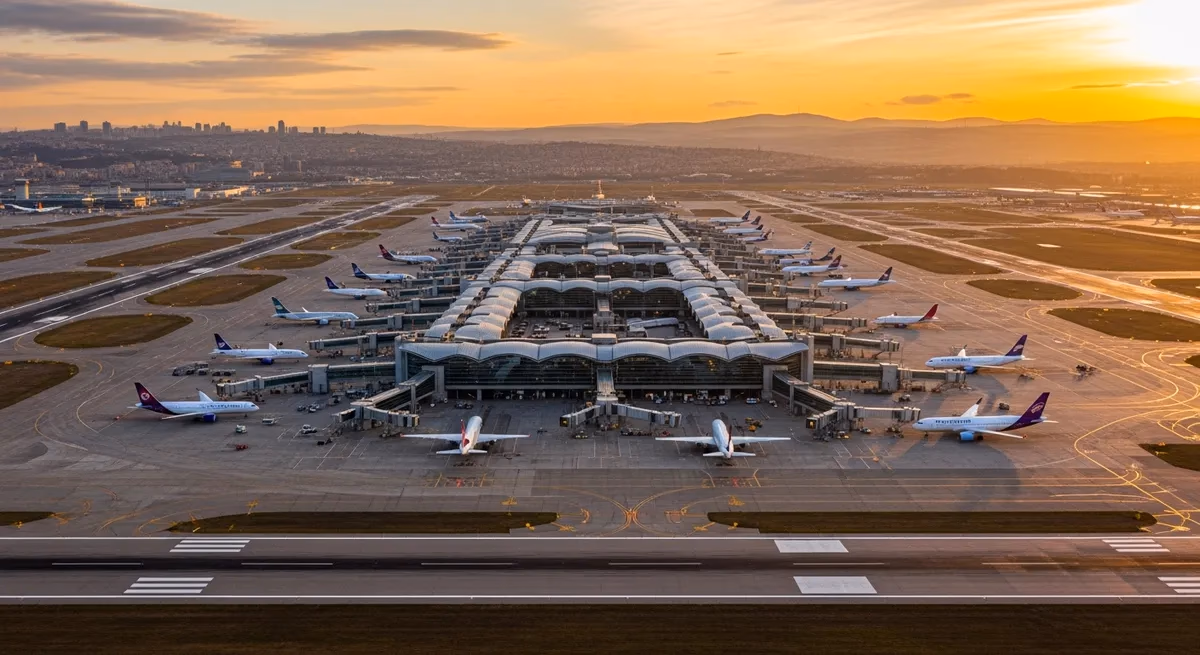 Aerial view of Istanbul Airport terminal and runways