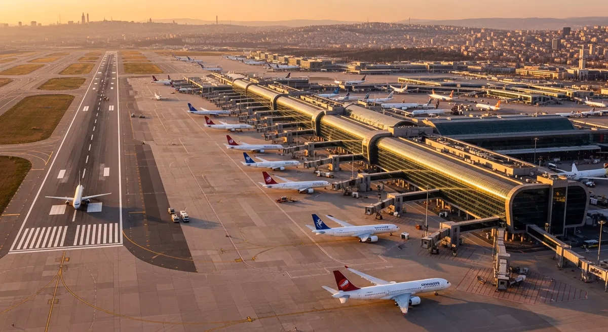 Aerial view of Sabiha Gökçen International Airport terminal and apron