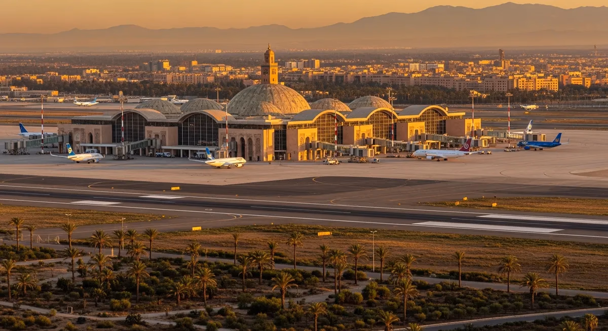 Aerial view of Marrakech Menara Airport terminal building and apron at sunset