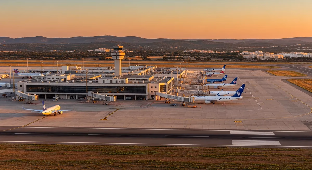 Exterior view of Menorca Airport terminal building with planes on apron at sunset