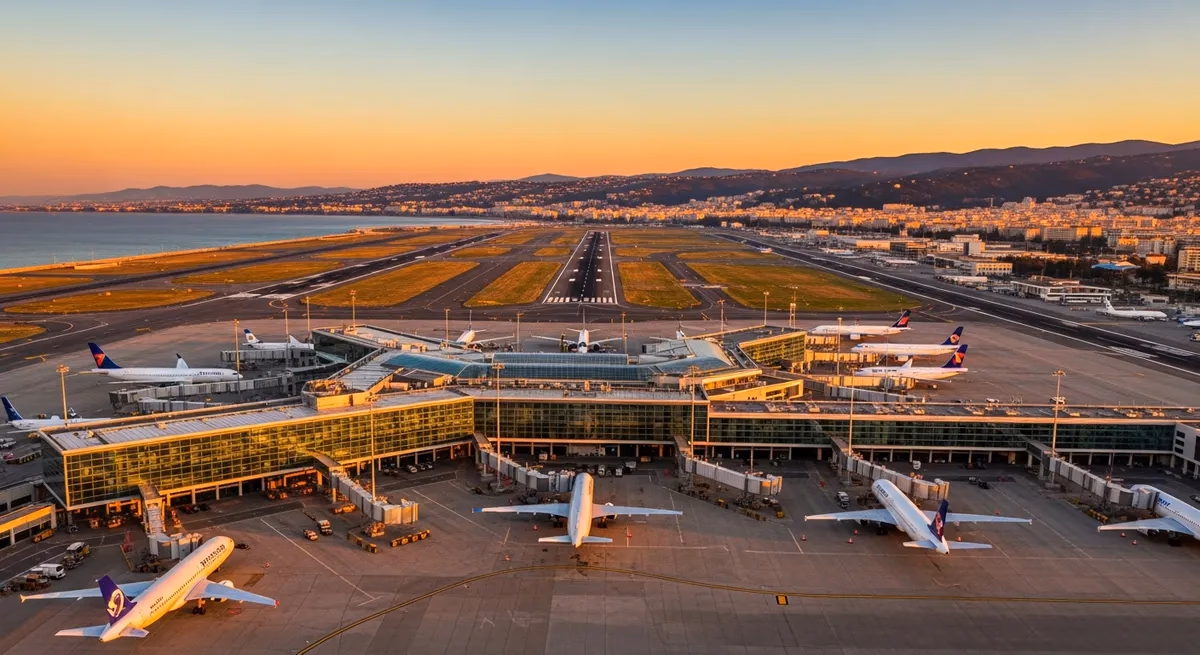 Aerial view of Nice Côte d'Azur Airport terminals and runways on the Mediterranean coast