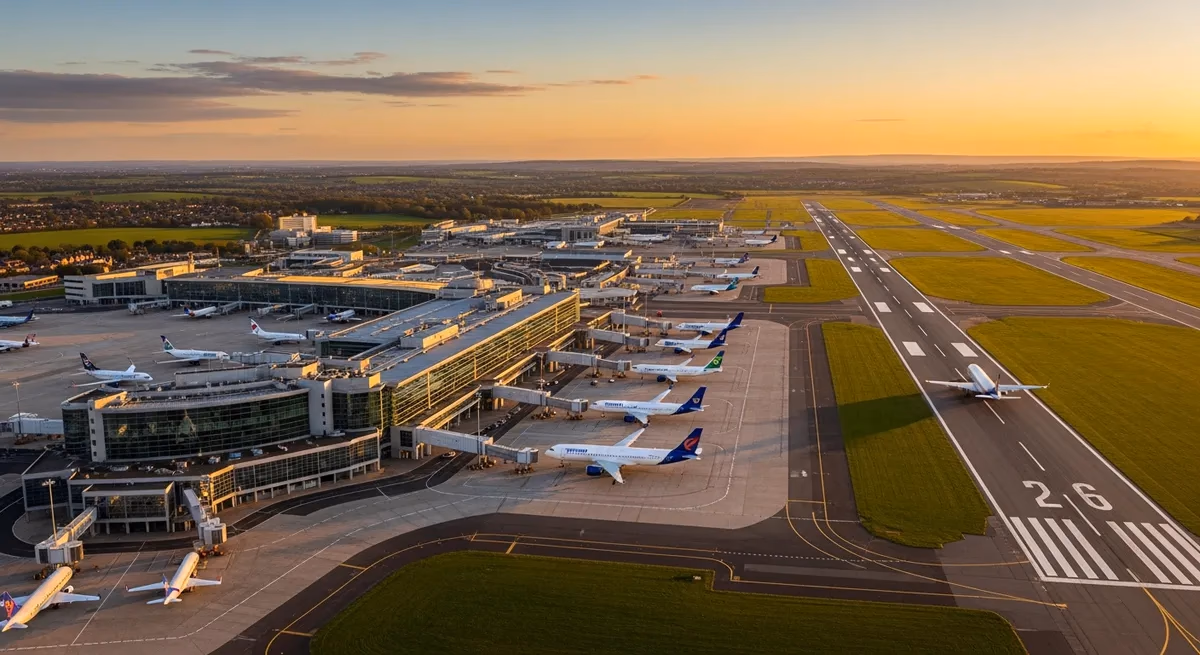 Norwich Airport terminal building and control tower, apron and parked aircraft