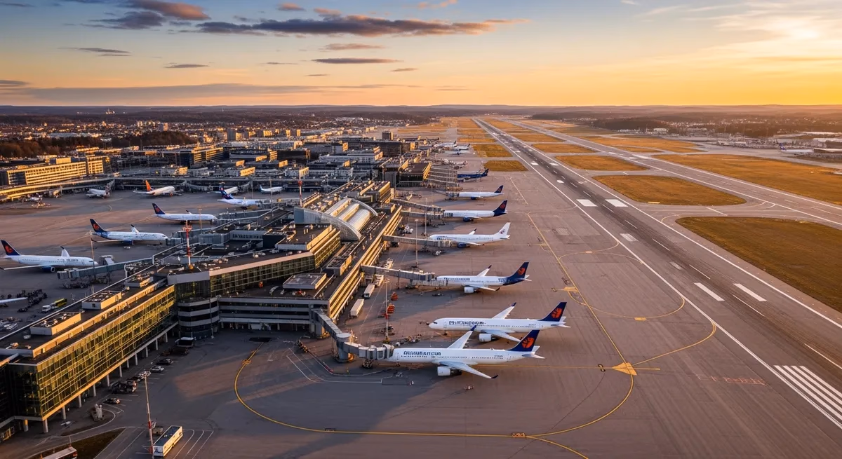 Exterior of Oslo Airport Gardermoen terminal building with control tower