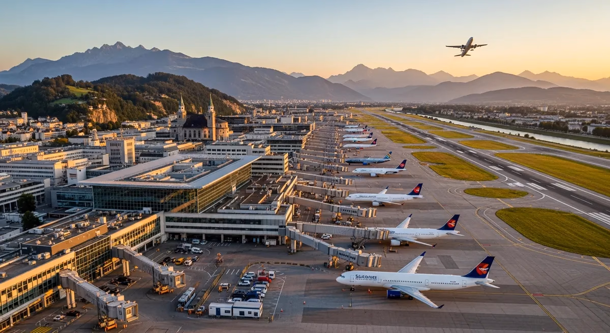 Aerial view of Salzburg Airport W. A. Mozart terminal building, apron and runway with Alps in the background