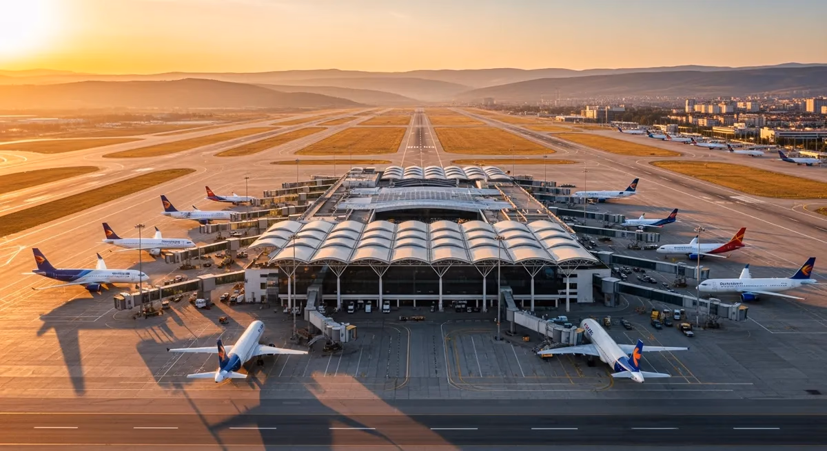 Exterior of Skopje International Airport terminal with parked aircraft on the apron