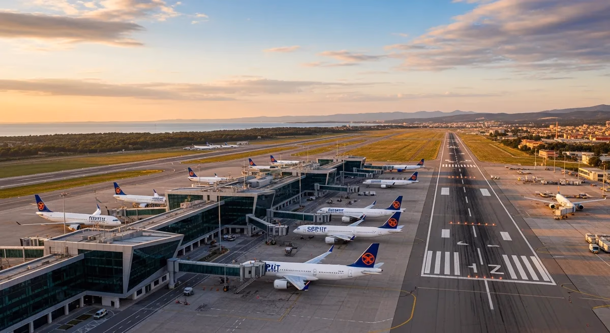 Exterior view of Split Airport (Resnik) terminal building with apron and coastal hills in background