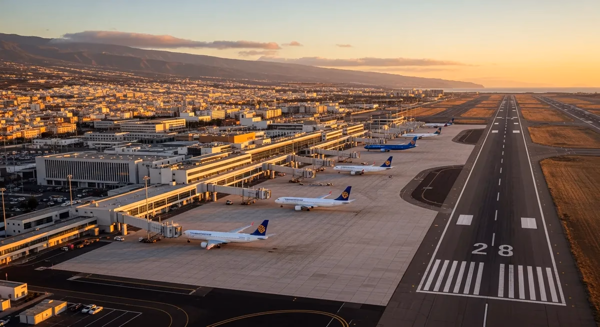 Exterior view of Tenerife North–Ciudad de La Laguna Airport terminal building and apron