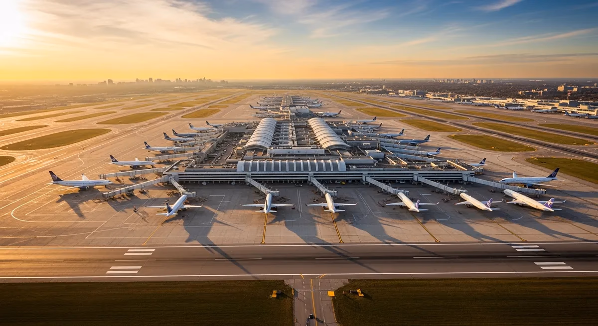 Aerial view of Toronto Pearson International Airport terminals and control tower