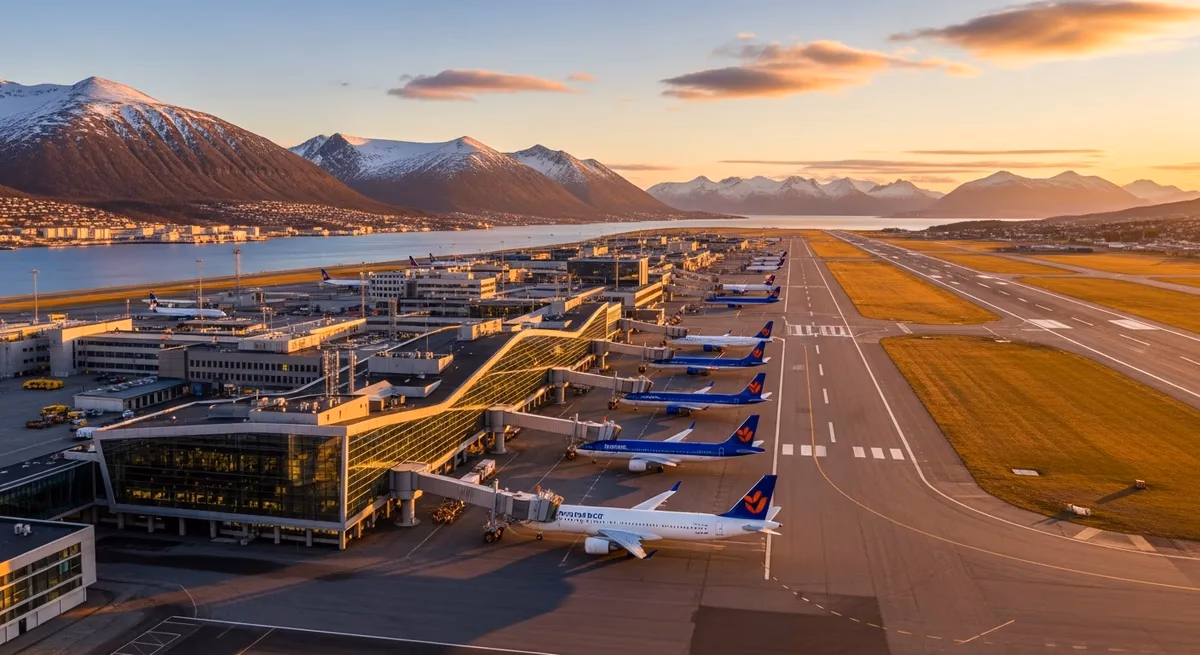 Exterior view of Tromsø Airport Langnes terminal building with runway and mountains in the background